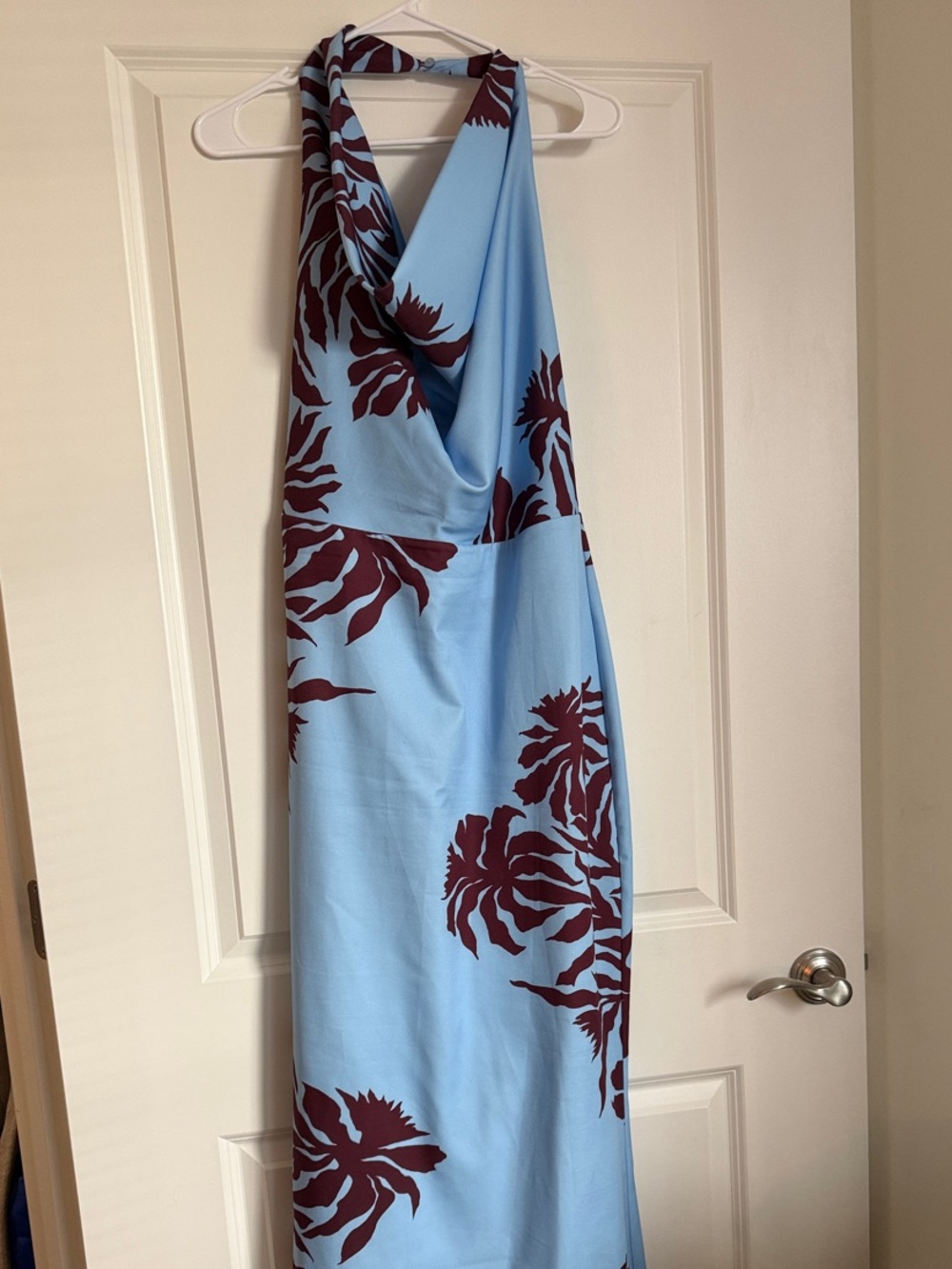 Light Blue Halter Wedding Dress with Burgundy Floral Print